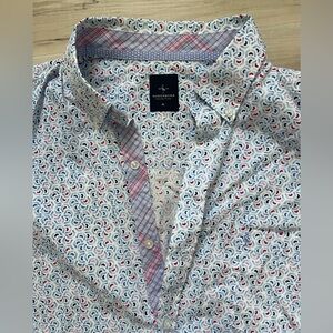 Tailorbyrd Men's White Button-Down Shirt with Blue & Red Geo Print